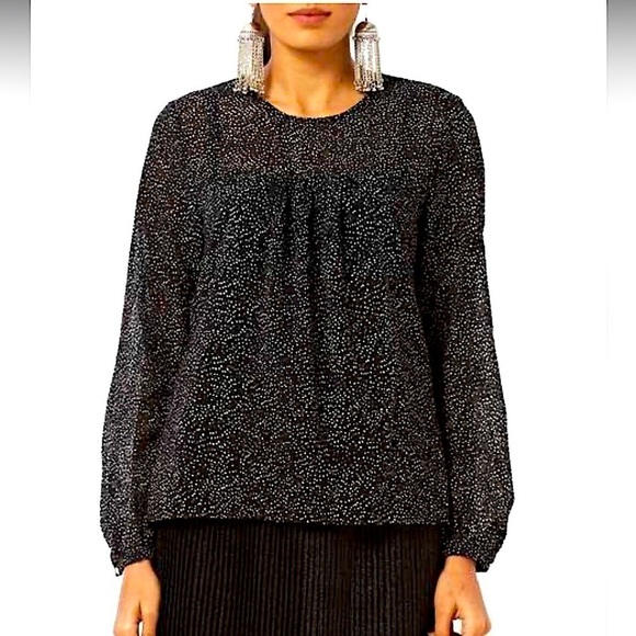 EXPRESS Speckled puffed long sleeves pleasant blouse black white polka dots L - Picture 1 of 11